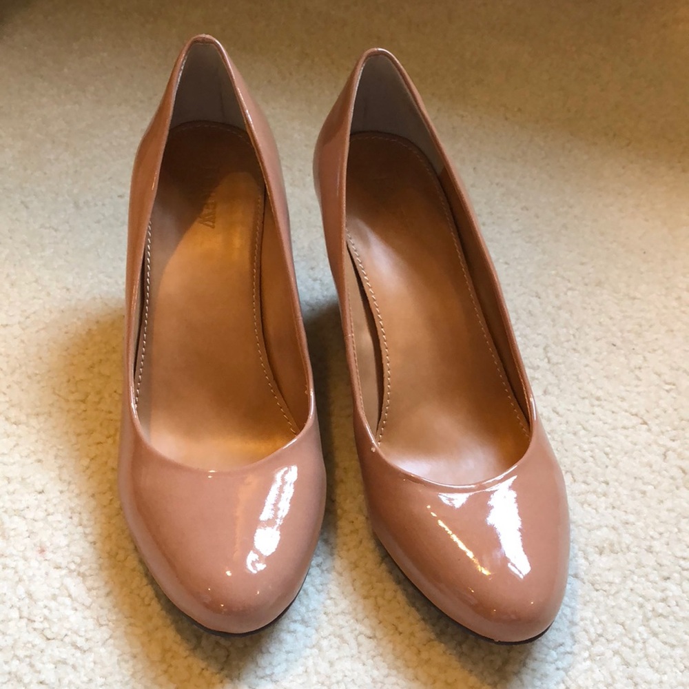 J Crew nude patent leather wedge pumps, size 10.
